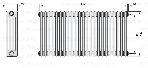 Схема (чертеж) Радиатор Zehnder Charleston 4075/23 №7610 Белый глянцевый RAL 9016